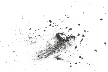 Black charcoal dust, gunpowder,  with effect fragments explosion isolated on white background and texture, top view