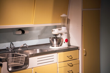 Old retro kitchen and kitchen equipment from early 1940-1980. Interior and nostalgia concept. - 598085276
