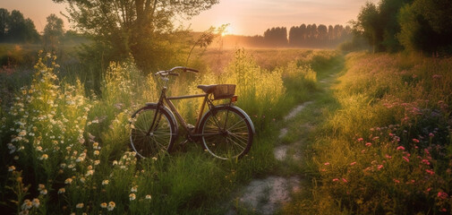 Obraz premium Beautiful spring summer natural landscape with a bicycle on a flowering meadow against a blue sky with clouds on a bright sunny day. Created using generative AI.