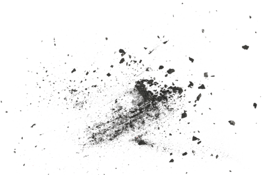 Black charcoal dust, gunpowder,  with effect fragments explosion isolated on white background and texture, top view