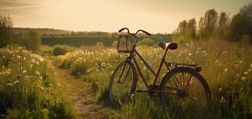 Fototapeta premium Beautiful spring summer natural landscape with a bicycle on a flowering meadow against a blue sky with clouds on a bright sunny day. Created using generative AI.