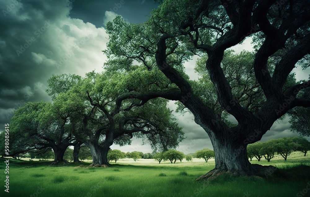 Aufkleber oak trees in a grassy clearing under a gloomy sky generative ai generative ai