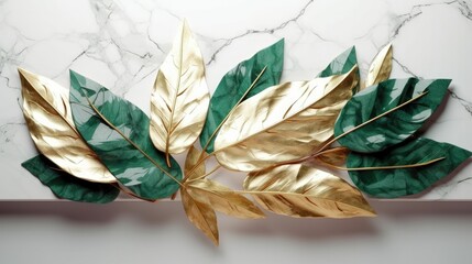 Gold and emerald green shiny leaves on marble background. Illustration with copy space. Generative AI composite.  - obrazy, fototapety, plakaty