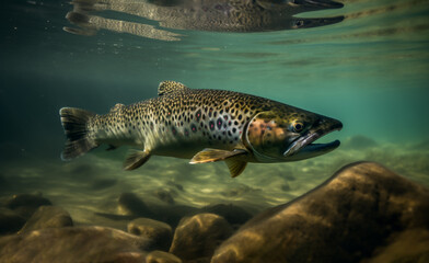 Brown trout, underwater photo, preparing for spawning in its natural river habitat, shallow depth of field, Illustrative Generative AI
