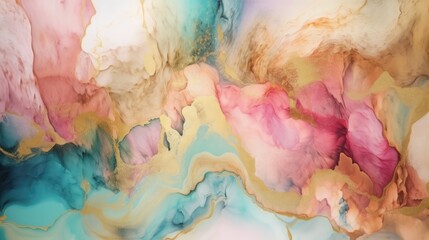 Alcohol ink paint, marble liquid texture with beautiful colors, teal and pink accent. Elegant abstract background, luxury wallpaper textur. Generative AI.