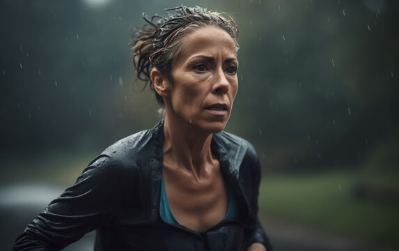 Woman running outdoors during rain, hair wet looking determined.  Concept of healthy lifestyle and jogging in the rain. shallow depth of field, Illustrative Generative AI. Not a real person.