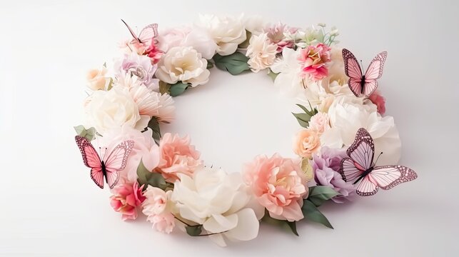 Delicate spring flower wreath with beautiful flowers and butterfly. Floral illustration with copy space. Generative AI. 