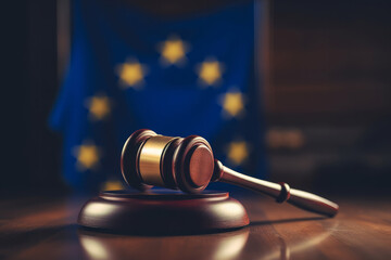 A judges gavel hammer with a European Union flag. Europe law and order. Generative ai Generative AI