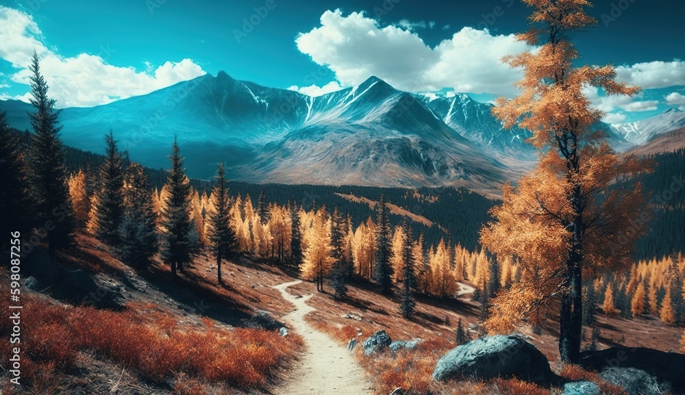 Poster scenery of mountains and hills on a bright, cloudless day. fall's gloomy trees. jungle in the summer