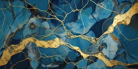 Marbled Golden Blue Agate  Japanese Kintsugi Digital Illustration, Generative AI