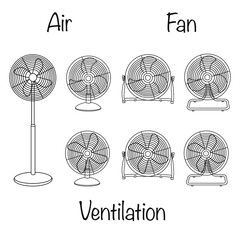 Linear icon, electric fan for cooling room. Maintaining comfortable temperature in room. Simple black and white illustration isolated on white background