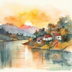 Sunset at Village Hills Watercolor. Generative AI