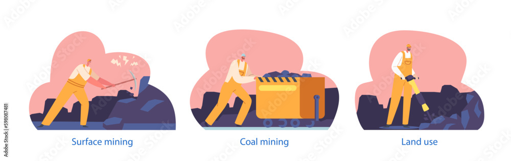 Poster coal mining set. miner characters working on quarry with tools, transport and technique. extraction 