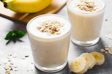 Banana Smoothie with Oats, Healthy Food, Detox, Vegan or Vegetarian Diet Food Concept