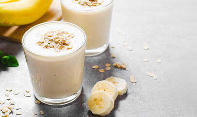 Banana Smoothie with Oats, Healthy Food, Detox, Vegan or Vegetarian Diet Food Concept