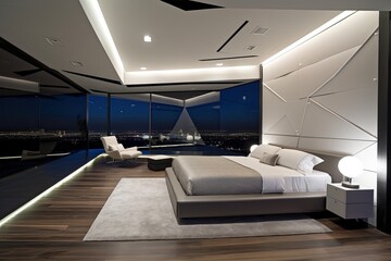 Fototapeta premium modern bedroom with sleek lines and futuristic accents, featuring floor-to-ceiling windows and view of the stars, created with generative ai