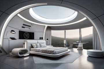 futuristic bedroom, with sleek and minimalist design, featuring domed ceiling and view of the stars, created with generative ai