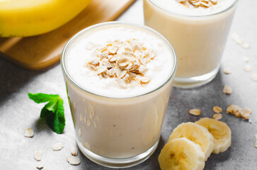 Banana Smoothie with Oats, Healthy Food, Detox, Vegan or Vegetarian Diet Food Concept