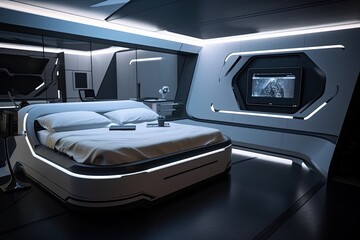 futuristic bedroom with robotic bed that moves and adjusts according to the user's needs, created with generative ai