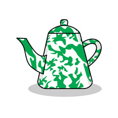 patterned metal kettle vector illustration green, vintage, unique, antiques collection.