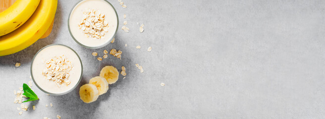 Banana Smoothie with Oats, Healthy Food, Detox, Vegan or Vegetarian Diet Food Concept