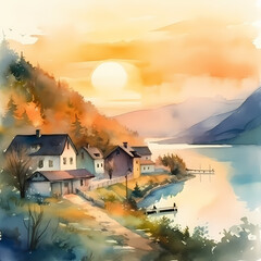 Fototapeta na wymiar Sunset at Village Hills Watercolor. Generative AI