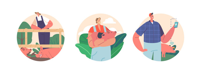 Fototapeta premium Isolated Round Icons Or Avatars Of Farmer Characters Tending To Pigs On A Farm, Working In Pens, Stalls, And Fields Generative AI