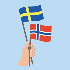 Flags of Sweden and Norway, Hand Holding flags