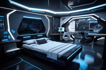 futuristic bedroom, with sleek lines and high-tech details, featuring virtual reality headset and motion-based video games, created with generative ai