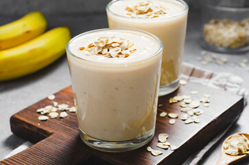 Banana Smoothie with Oats, Healthy Food, Detox, Vegan or Vegetarian Diet Food Concept