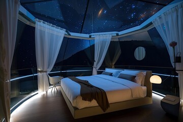 futuristic bedroom with transparent walls, showing the view of stars and planets outside, created with generative ai