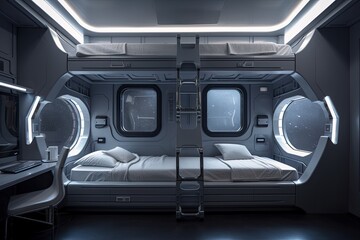 Fototapeta premium basic bedroom with bunk beds and window view of the stars in futuristic spaceship, created with generative ai