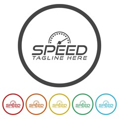Fast acceleration odometer logo. Set icons in color circle buttons
