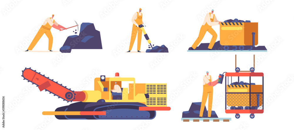 Poster coal mining set. miner characters working on quarry with tools, transport and technique. extraction 