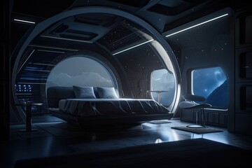 futuristic bedroom, with view of the stars and planets visible through the window, created with generative ai