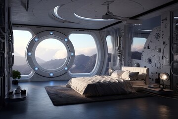 futuristic bedroom, with view of the stars and planets visible through the window, created with generative ai