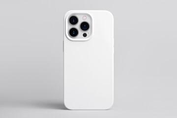  iPhone 13 and 14 Pro Max in white case back view isolated on grey background, phone cover mock up - obrazy, fototapety, plakaty