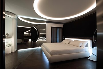 sleek and futuristic bedroom with state-of-the-art lighting and sound systems, created with generative ai