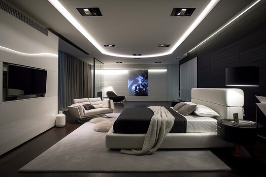 sleek and futuristic bedroom with state-of-the-art lighting and sound systems, created with generative ai