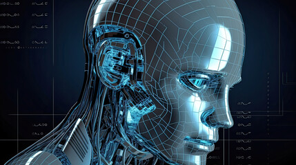 An abstract digital human face. Artificial intelligence concept of big data or cyber security. 3D illustration