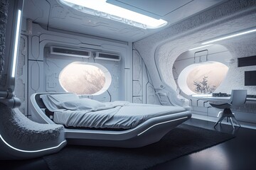 luxurious bedroom with view of the stars and galaxies, surrounded by futuristic spaceship interior, created with generative ai