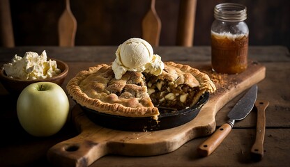 Rustic apple pie made with apples, with a golden brown graham cracker crust, crumbly apple filling made with Honeycrisp apples, served on a wooden board with a scoop of vanilla ice cream.