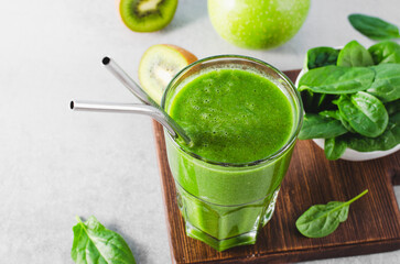Green Smoothie, Refreshing Spinach, Kiwi, Apple Drink, Healthy Food, Detox, Vegan or Vegetarian Diet Food Concept