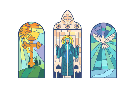 Stained Glass Windows Depict Cross, Saint Mary And White Dove. Intricate Patterns And Vibrant Colors Vector Illustration Generative AI