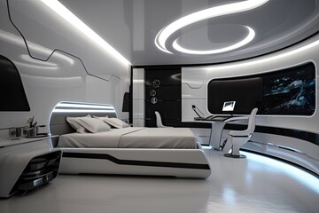 futuristic bedroom with sleek design and futuristic accents, including curved lines and metallic finishes, created with generative ai