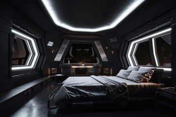 luxury bedroom, with spacious bed and view of the stars, in spaceship that is flying through the galaxy, created with generative ai