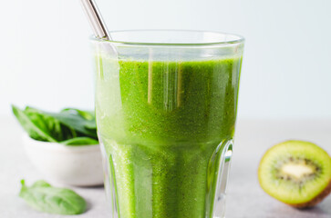 Green Smoothie, Refreshing Spinach, Kiwi, Apple Drink, Healthy Food, Detox, Vegan or Vegetarian Diet Food Concept
