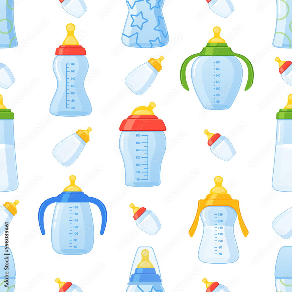 Aufkleber seamless pattern featuring baby milk bottles in various sizes and colors, perfect for creating a cut