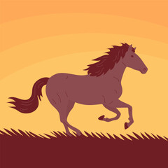 Horse mustang. A free stallion gallops on the grass. Sunny sunset. A beautiful elegant animal with a mane and hooves. Cartoon vector illustration