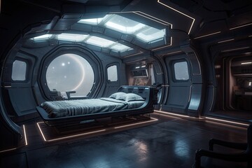 bedroom with panoramic view of the stars, futuristic spaceship visible in the distance, created with generative ai